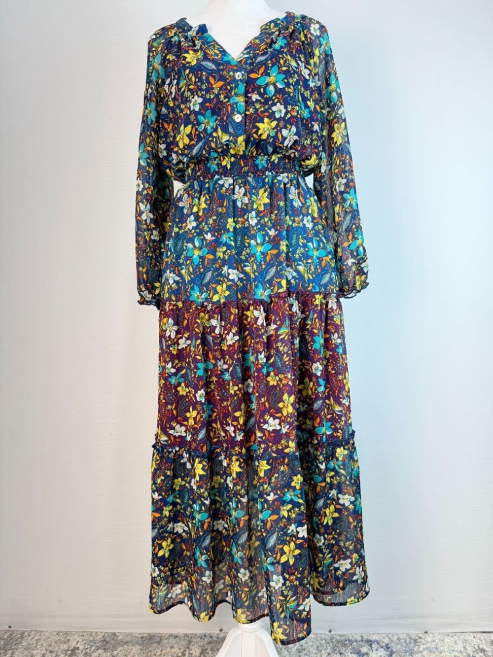 Fig And Flower Womens M Blue Floral Paisley Maxi Dress Boho Long Sleeve - Picture 2 of 16